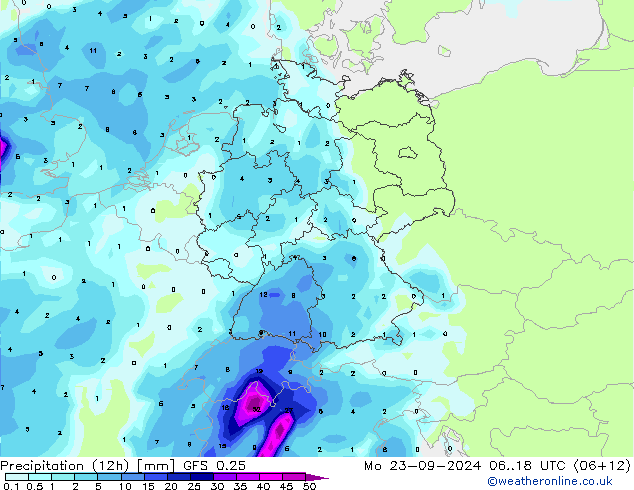 Precipitation (12h) GFS 0.25 Po 23.09.2024 18 UTC