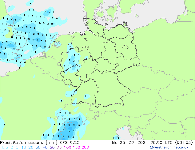 Precipitation accum. GFS 0.25 пн 23.09.2024 09 UTC