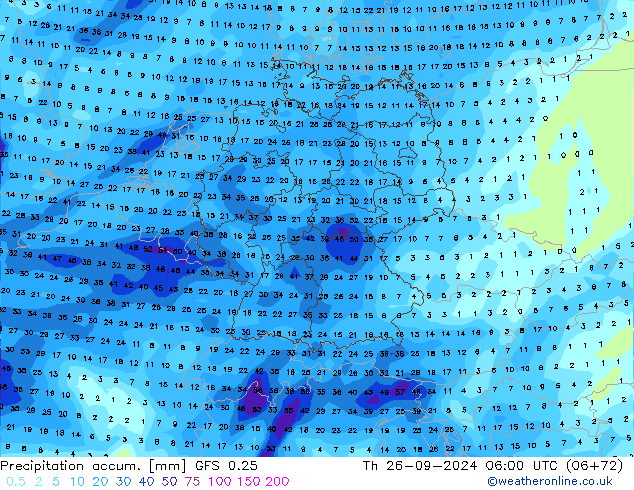 Precipitation accum. GFS 0.25 Th 26.09.2024 06 UTC