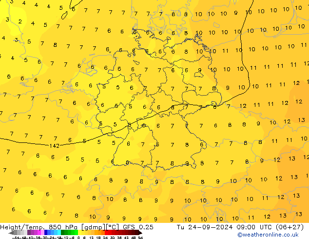 Z500/Rain (+SLP)/Z850 GFS 0.25 Di 24.09.2024 09 UTC