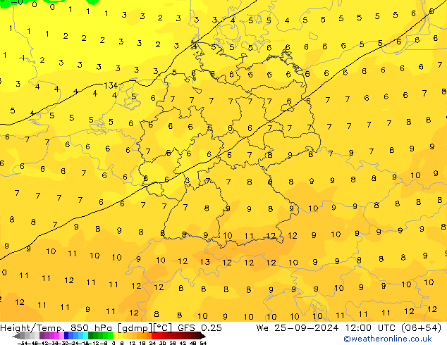 Z500/Rain (+SLP)/Z850 GFS 0.25 St 25.09.2024 12 UTC