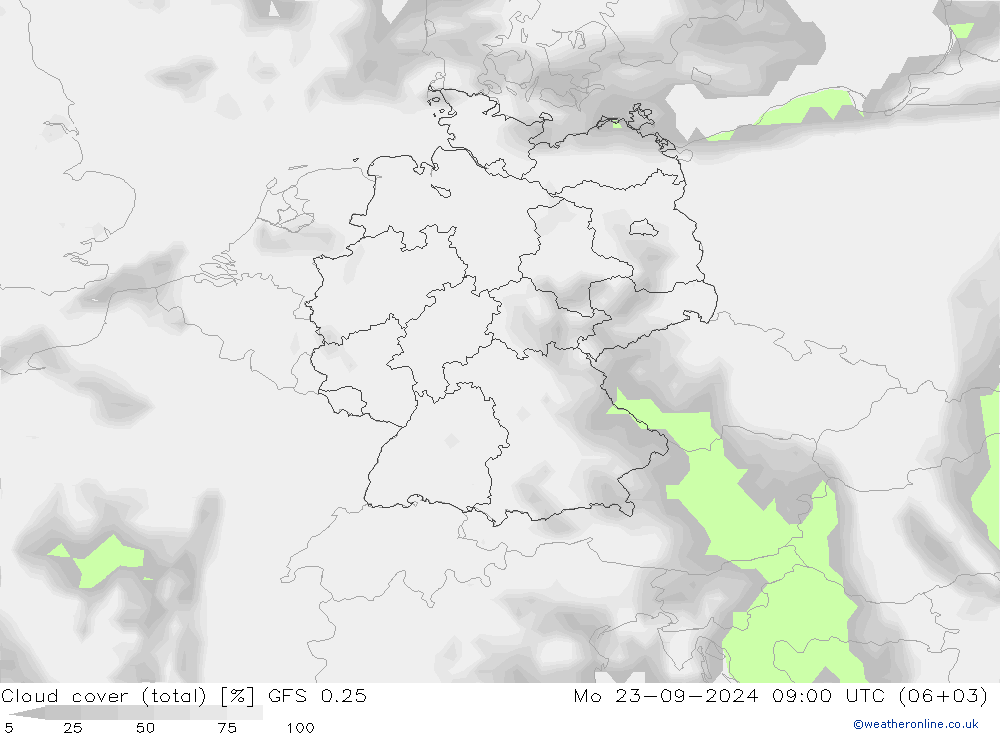 Nuages (total) GFS 0.25 lun 23.09.2024 09 UTC