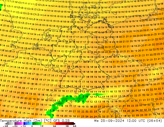 Temperature High (2m) GFS 0.25 We 25.09.2024 12 UTC