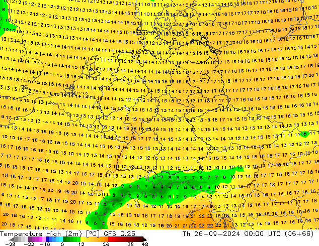 Max.temperatuur (2m) GFS 0.25 do 26.09.2024 00 UTC