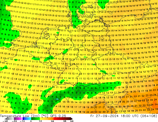 Temperatura mín. (2m) GFS 0.25 vie 27.09.2024 18 UTC