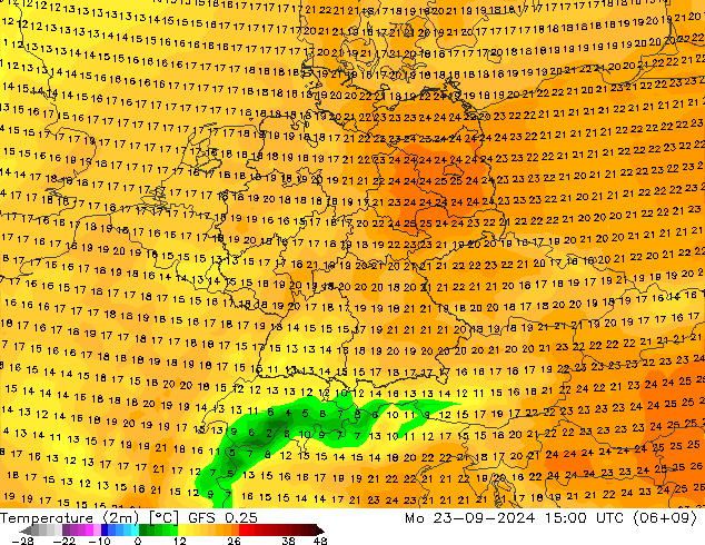 mapa temperatury (2m) GFS 0.25 pon. 23.09.2024 15 UTC