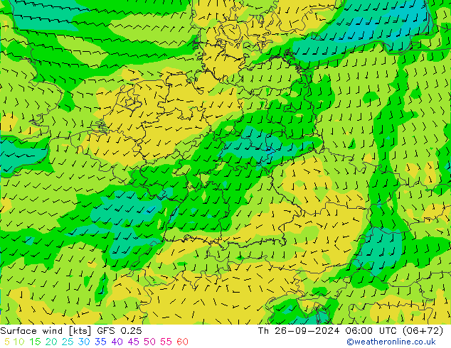 wiatr 10 m GFS 0.25 czw. 26.09.2024 06 UTC