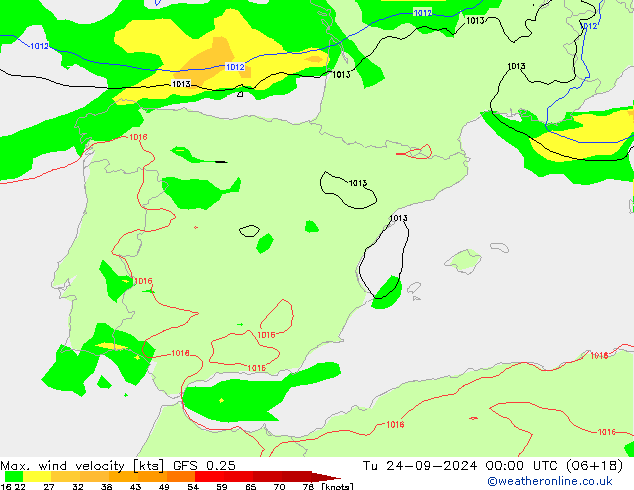 Max. wind velocity GFS 0.25 Tu 24.09.2024 00 UTC