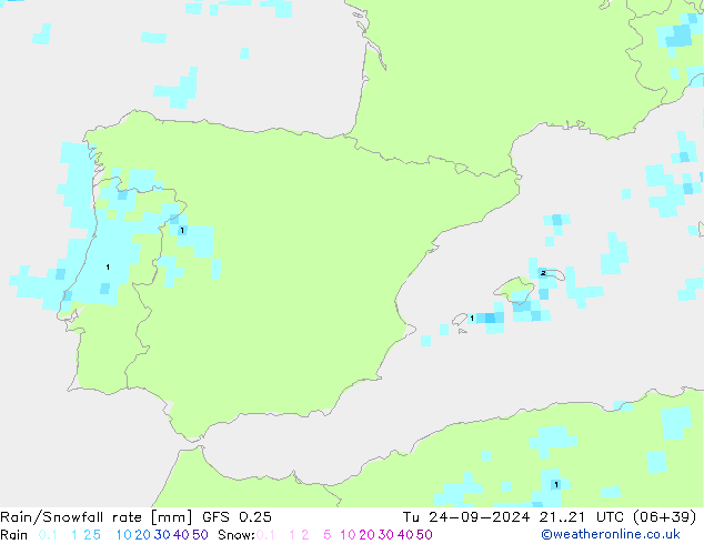 Rain/Snowfall rate GFS 0.25 Tu 24.09.2024 21 UTC