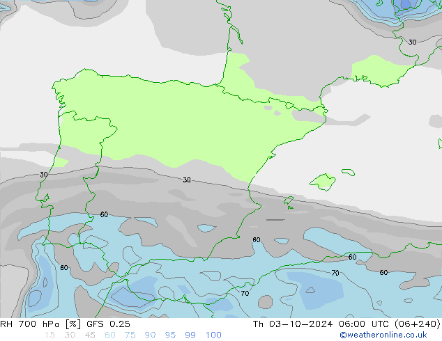 RH 700 hPa GFS 0.25 Th 03.10.2024 06 UTC