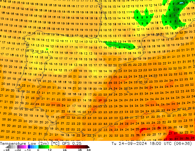 Minumum Değer (2m) GFS 0.25 Sa 24.09.2024 18 UTC