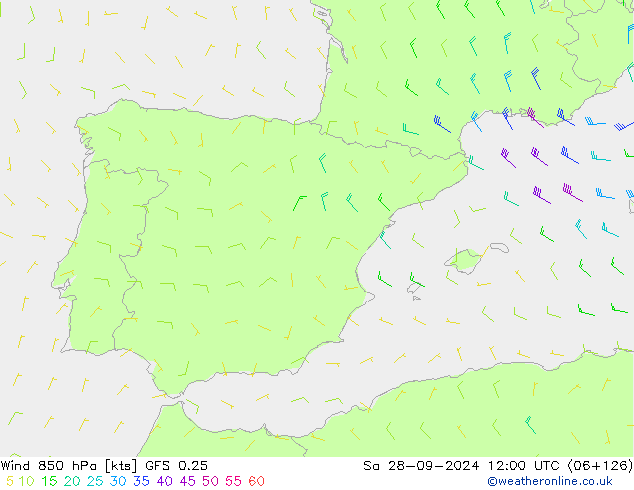 wiatr 850 hPa GFS 0.25 so. 28.09.2024 12 UTC