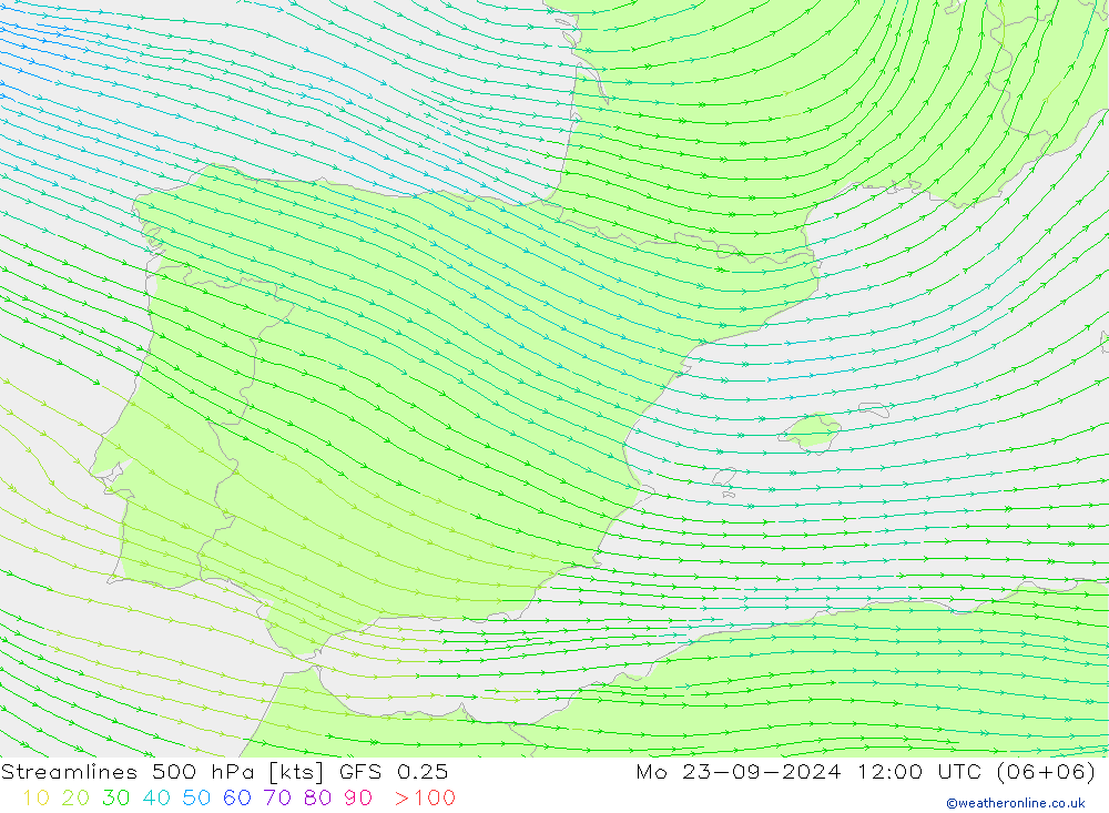 Linia prądu 500 hPa GFS 0.25 pon. 23.09.2024 12 UTC