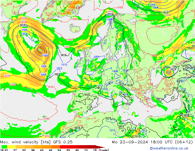 Max. wind velocity GFS 0.25 Mo 23.09.2024 18 UTC