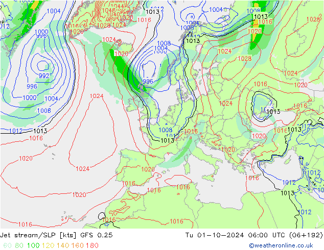 Jet stream GFS 0.25 Ter 01.10.2024 06 UTC