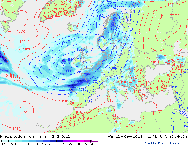 Z500/Rain (+SLP)/Z850 GFS 0.25 Mi 25.09.2024 18 UTC