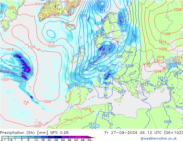 Z500/Rain (+SLP)/Z850 GFS 0.25  27.09.2024 12 UTC