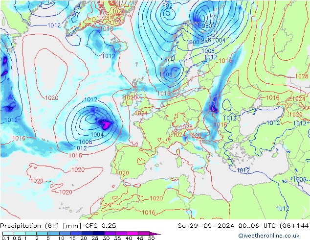 Z500/Rain (+SLP)/Z850 GFS 0.25 nie. 29.09.2024 06 UTC