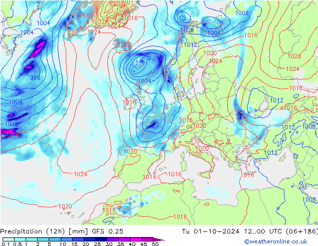 осадки (12h) GFS 0.25 вт 01.10.2024 00 UTC
