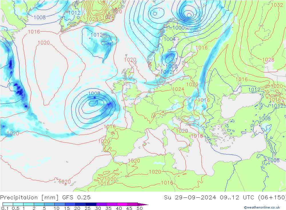 Niederschlag GFS 0.25 So 29.09.2024 12 UTC