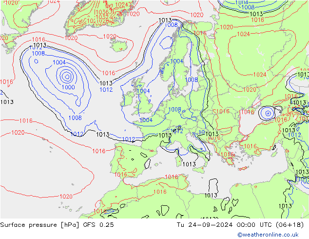 Surface pressure GFS 0.25 Tu 24.09.2024 00 UTC