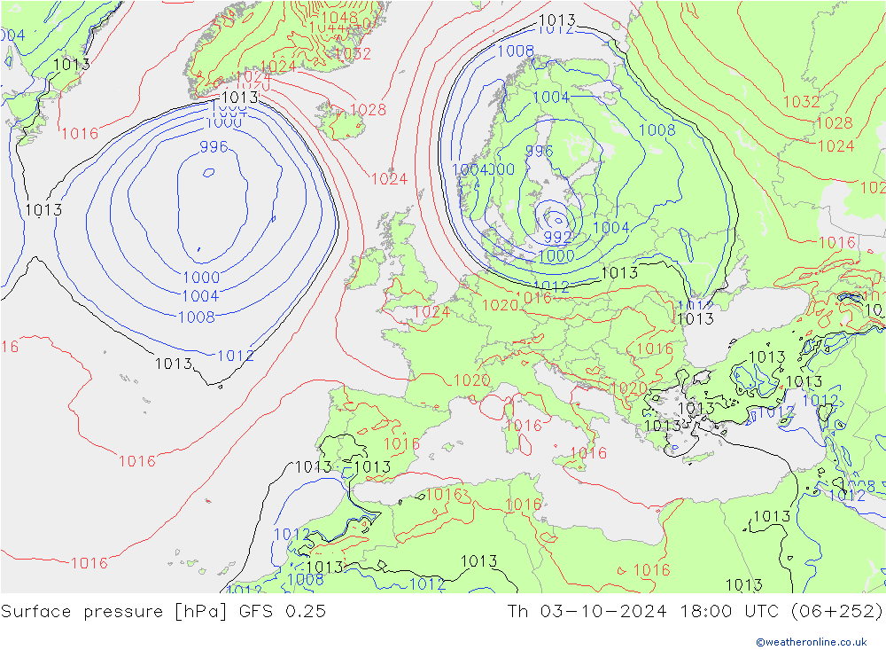 Atmosférický tlak GFS 0.25 Čt 03.10.2024 18 UTC