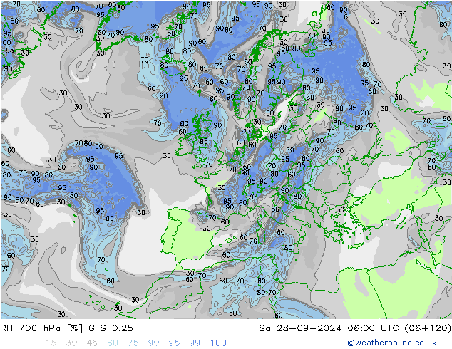 RH 700 гПа GFS 0.25 сб 28.09.2024 06 UTC