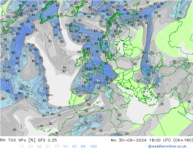 RH 700 hPa GFS 0.25 Mo 30.09.2024 18 UTC