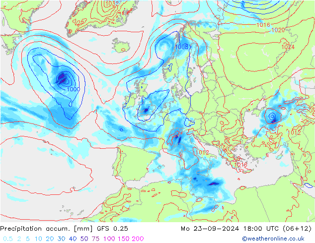 Precipitation accum. GFS 0.25 Mo 23.09.2024 18 UTC