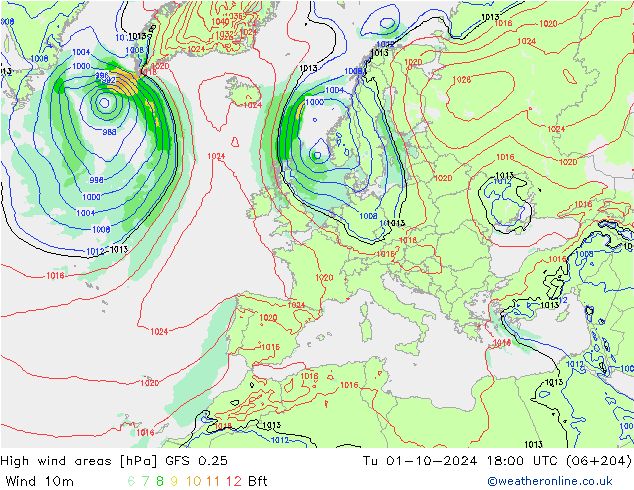 High wind areas GFS 0.25 Tu 01.10.2024 18 UTC