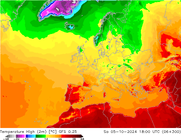 Max. Temperatura (2m) GFS 0.25 so. 05.10.2024 18 UTC