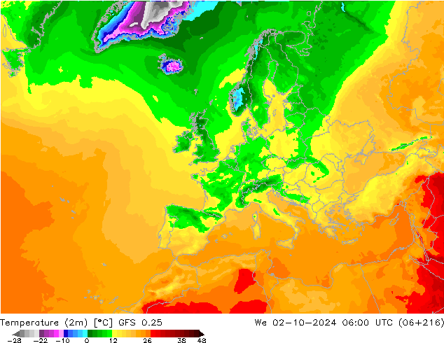 Temperatura (2m) GFS 0.25 Qua 02.10.2024 06 UTC