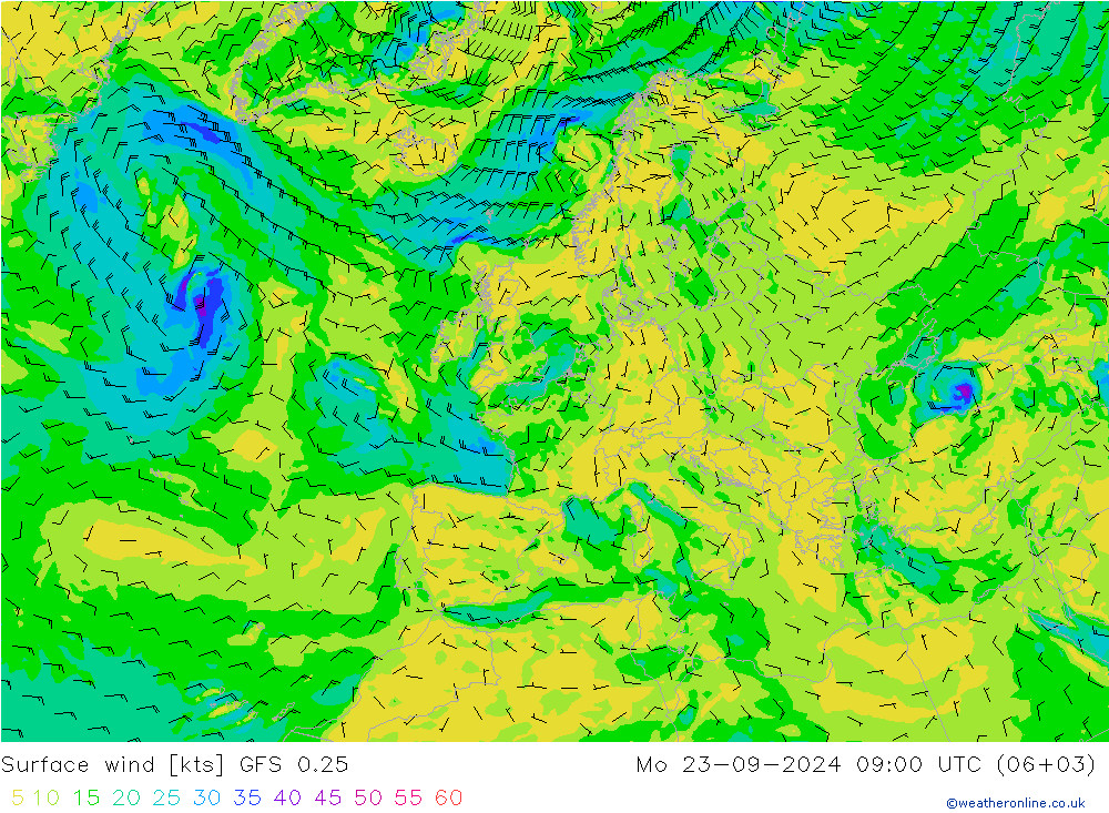 Surface wind GFS 0.25 Mo 23.09.2024 09 UTC