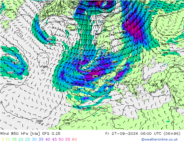 Wind 850 hPa GFS 0.25 Fr 27.09.2024 06 UTC