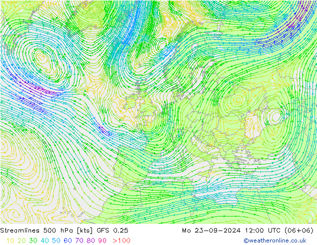 Streamlines 500 hPa GFS 0.25 Po 23.09.2024 12 UTC