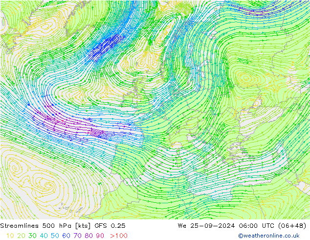 Streamlines 500 hPa GFS 0.25 St 25.09.2024 06 UTC