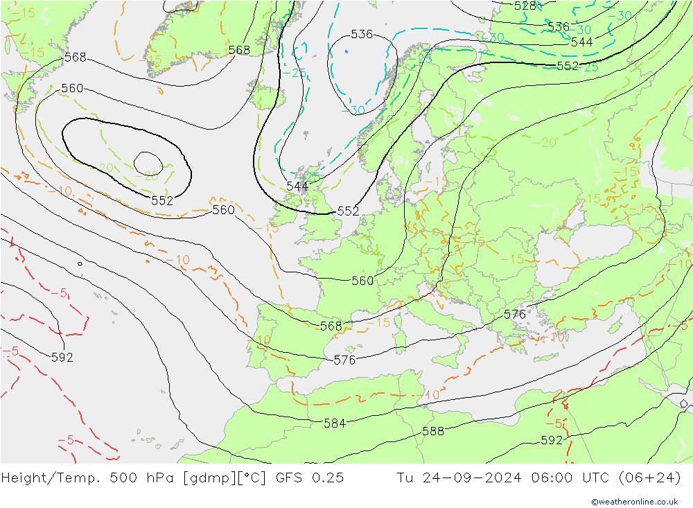 Z500/Rain (+SLP)/Z850 GFS 0.25 Tu 24.09.2024 06 UTC