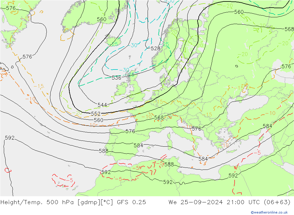 Z500/Rain (+SLP)/Z850 GFS 0.25 We 25.09.2024 21 UTC