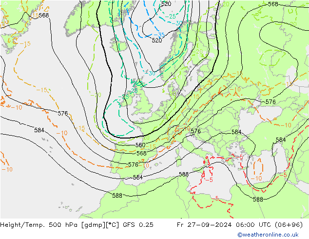 Z500/Rain (+SLP)/Z850 GFS 0.25  27.09.2024 06 UTC