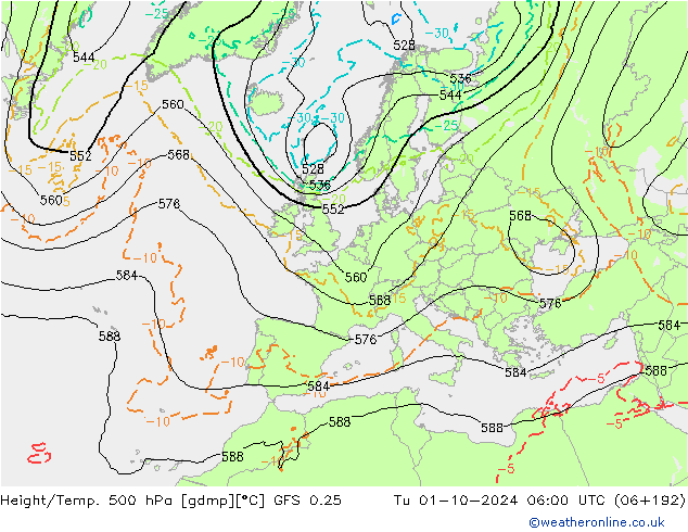 Z500/Rain (+SLP)/Z850 GFS 0.25 Út 01.10.2024 06 UTC