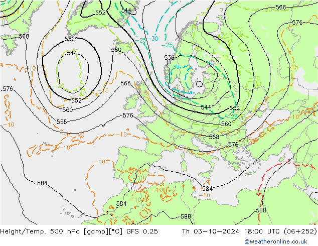 Z500/Rain (+SLP)/Z850 GFS 0.25 Čt 03.10.2024 18 UTC