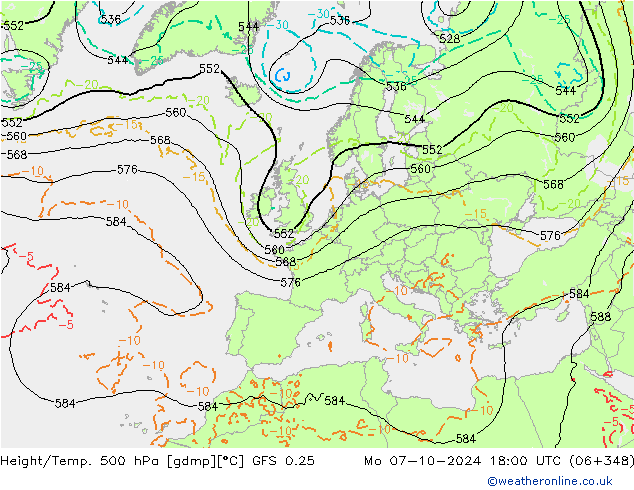 Z500/Rain (+SLP)/Z850 GFS 0.25 pon. 07.10.2024 18 UTC