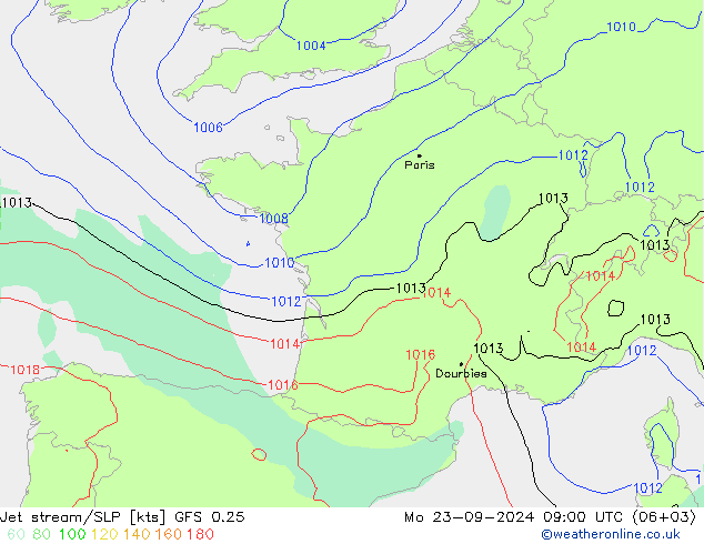 Jet stream/SLP GFS 0.25 Mo 23.09.2024 09 UTC