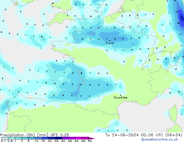 Z500/Rain (+SLP)/Z850 GFS 0.25 Di 24.09.2024 06 UTC