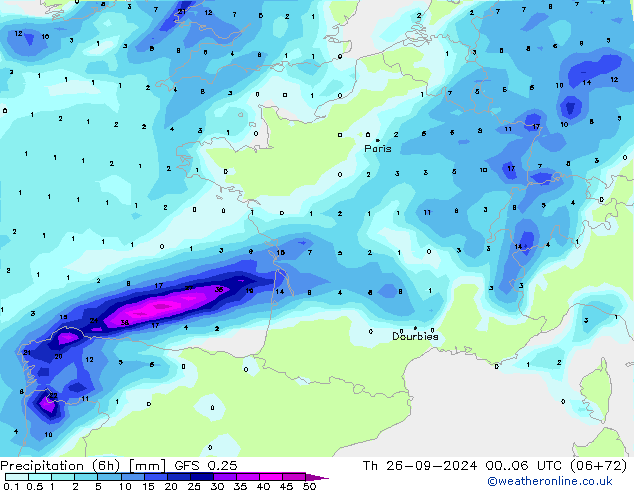 осадки (6h) GFS 0.25 чт 26.09.2024 06 UTC