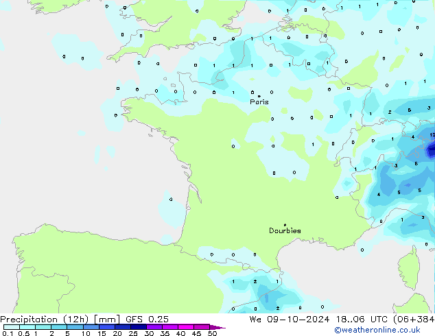 Precipitazione (12h) GFS 0.25 mer 09.10.2024 06 UTC