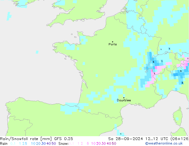 Rain/Snowfall rate GFS 0.25 сб 28.09.2024 12 UTC