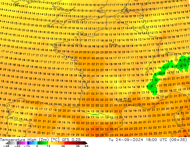 Temperature High (2m) GFS 0.25 Tu 24.09.2024 18 UTC