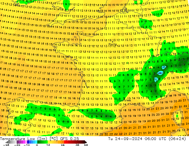 Темпер. мин. (2т) GFS 0.25 вт 24.09.2024 06 UTC