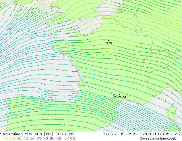 Linea di flusso 500 hPa GFS 0.25 dom 29.09.2024 12 UTC